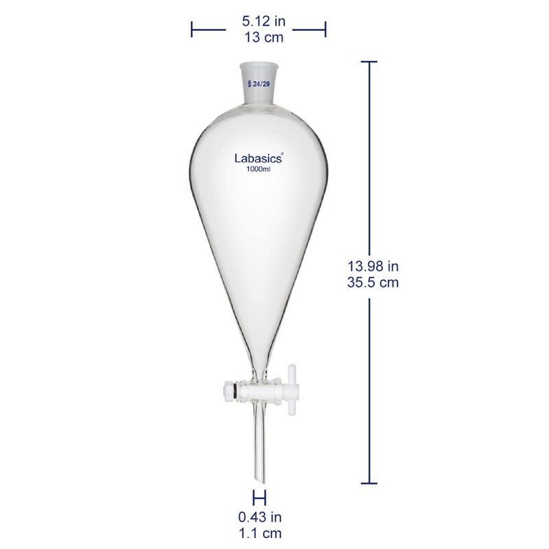 Labasics Conical Separatory Funnel, 1000 ml Heavy Wall Borosilicate Glass Separating Funnel with 24/29 Joints and PTFE Stopcock - Image 2